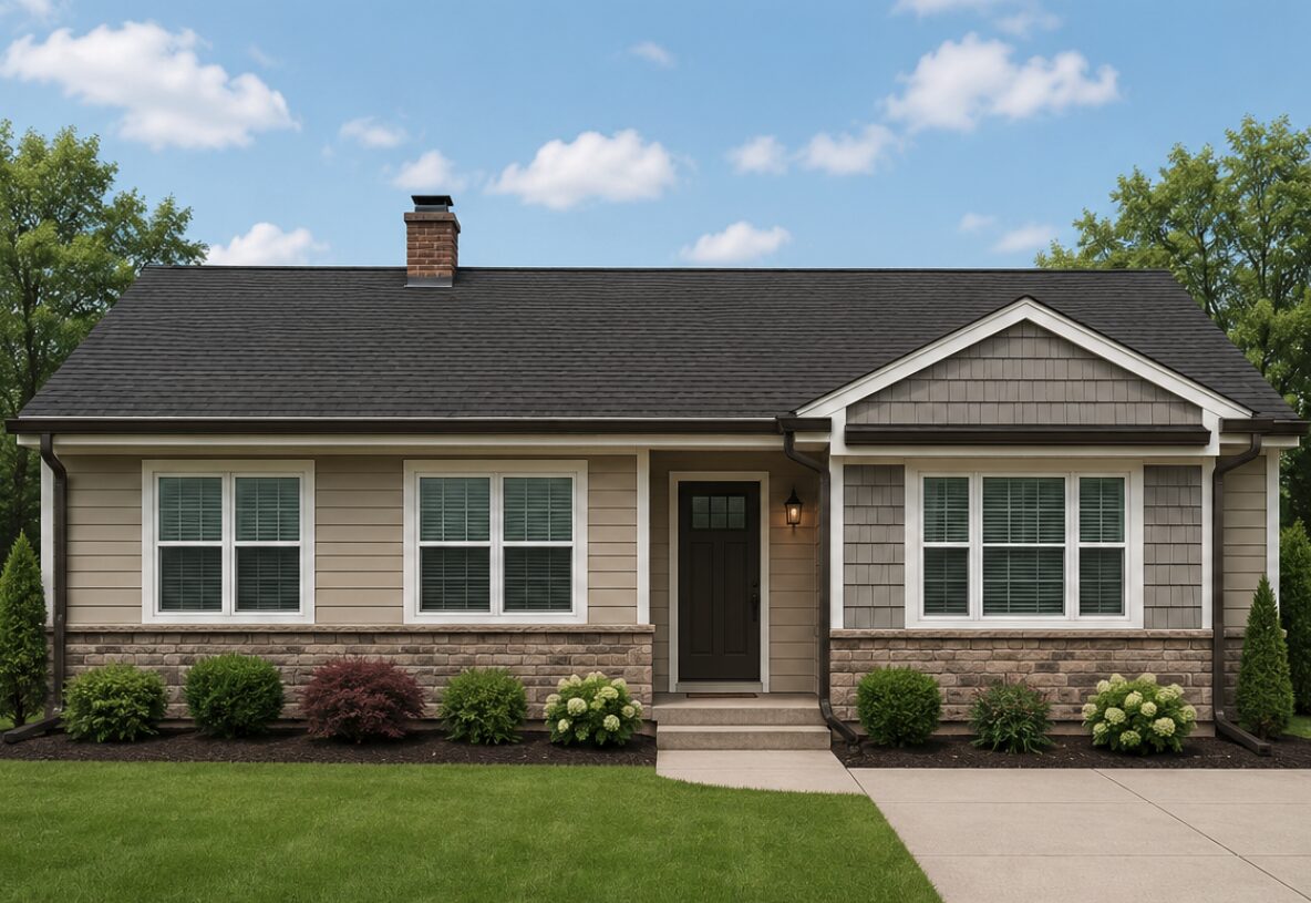 Ranch-style home with seamless gutters and a projecting front architectural bump-out